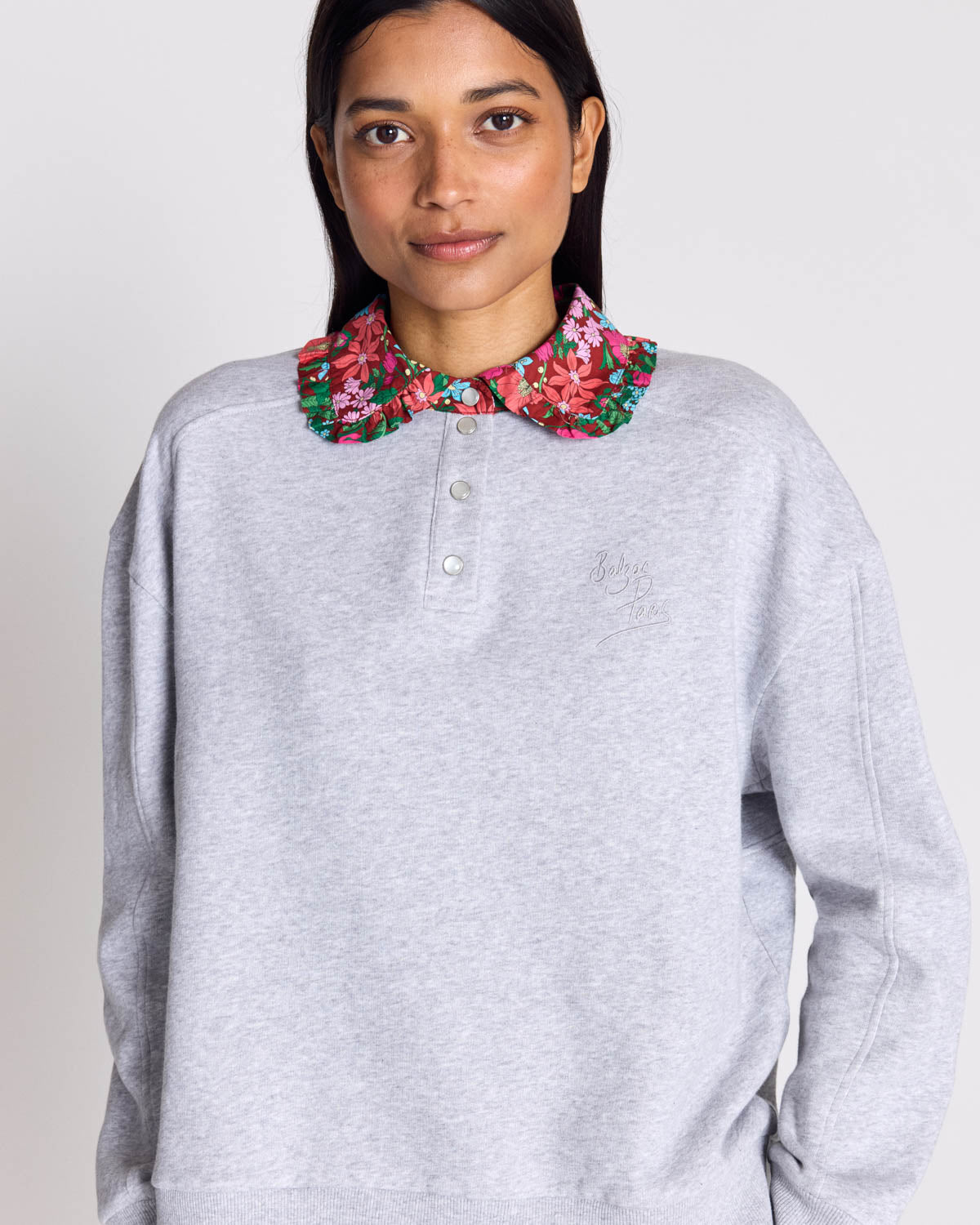 Sweat-shirt Tammy gris et imprimé Liberty rose et bordeaux