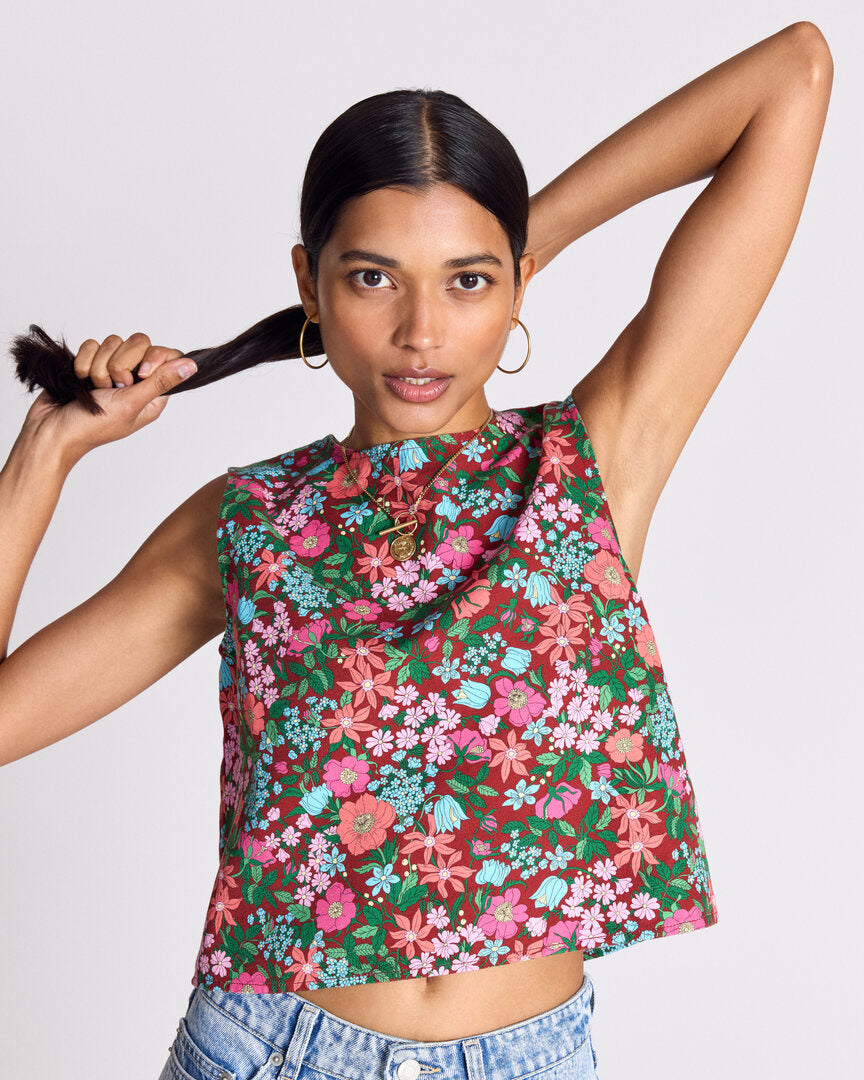 Top Roda imprimé Liberty rose et bordeaux
