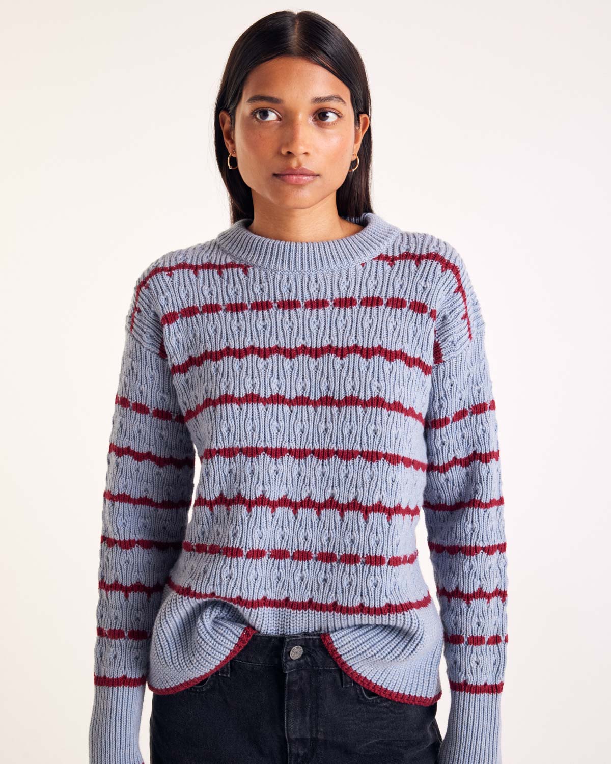 Pull Madeleine rayures bleu et bordeaux